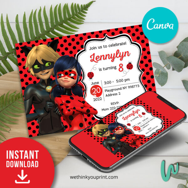 Miraculous Ladybug Birthday Invitation using Canva for Free
