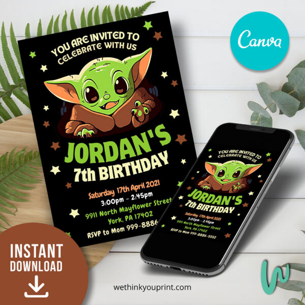 Baby Yoda Birthday Invitation Fully Editable in Canva