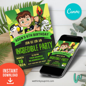 Ben 10 Birthday Party Invitation Design Editable in Canva