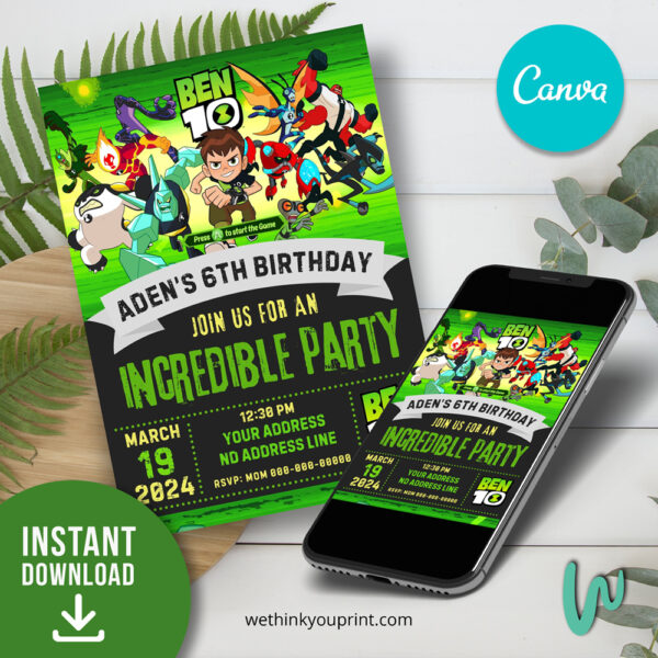 Amazing Ben 10 Birthday Invitation Design in Canva