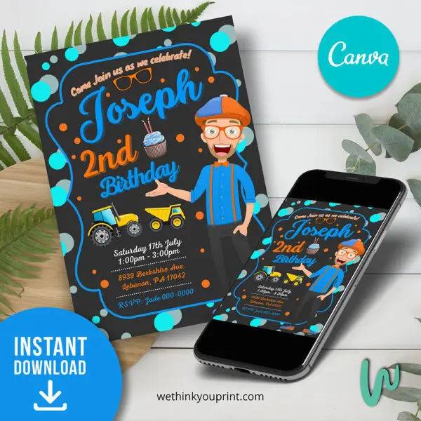 Blippi Birthday Invitation Canva Template